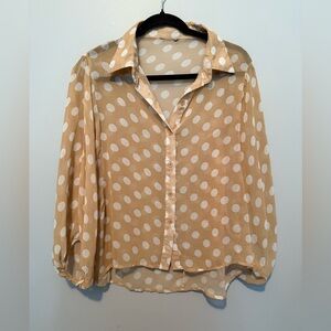 Sheer Tan Polka Dot Blouse with Balloon Sleeves